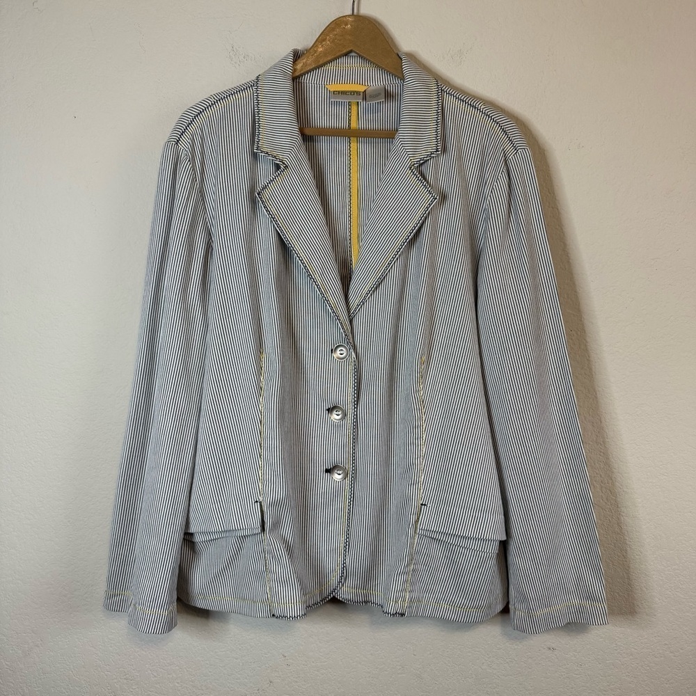 Chico's Seersucker Navy White Striped Yachtie Preppy Jacket Lightweight Size XL
